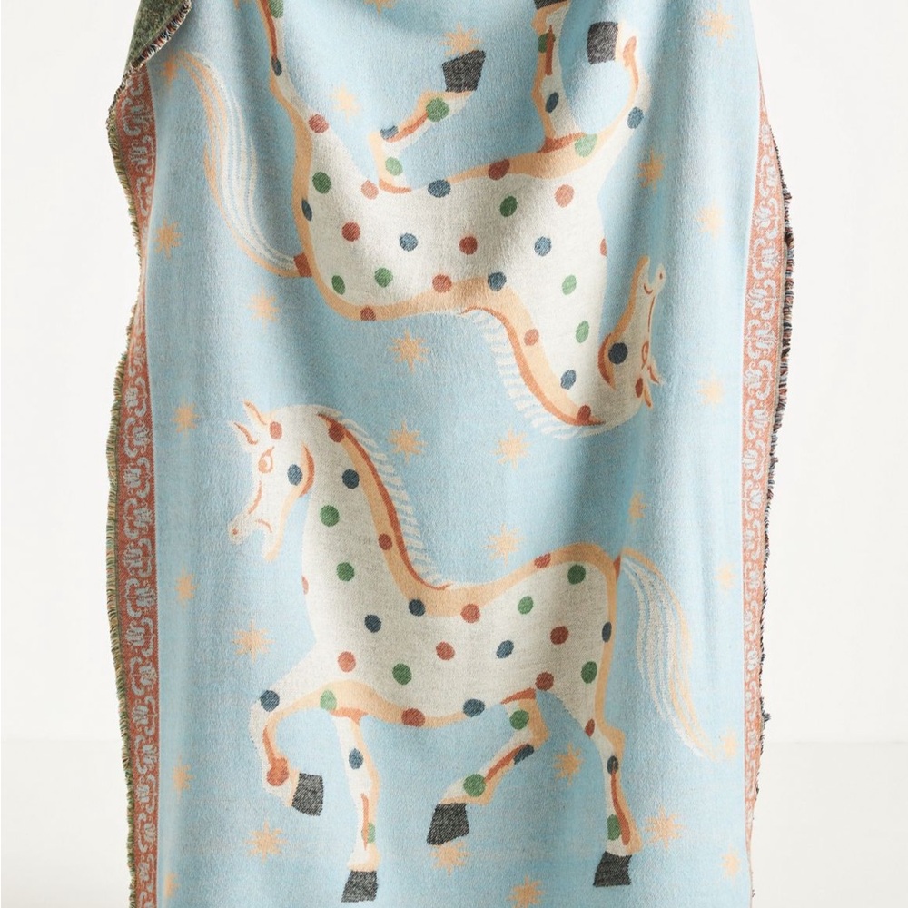 Anthropologie Printed Goods Jacquard Blue Horse Pattern Throw Blanket brand new